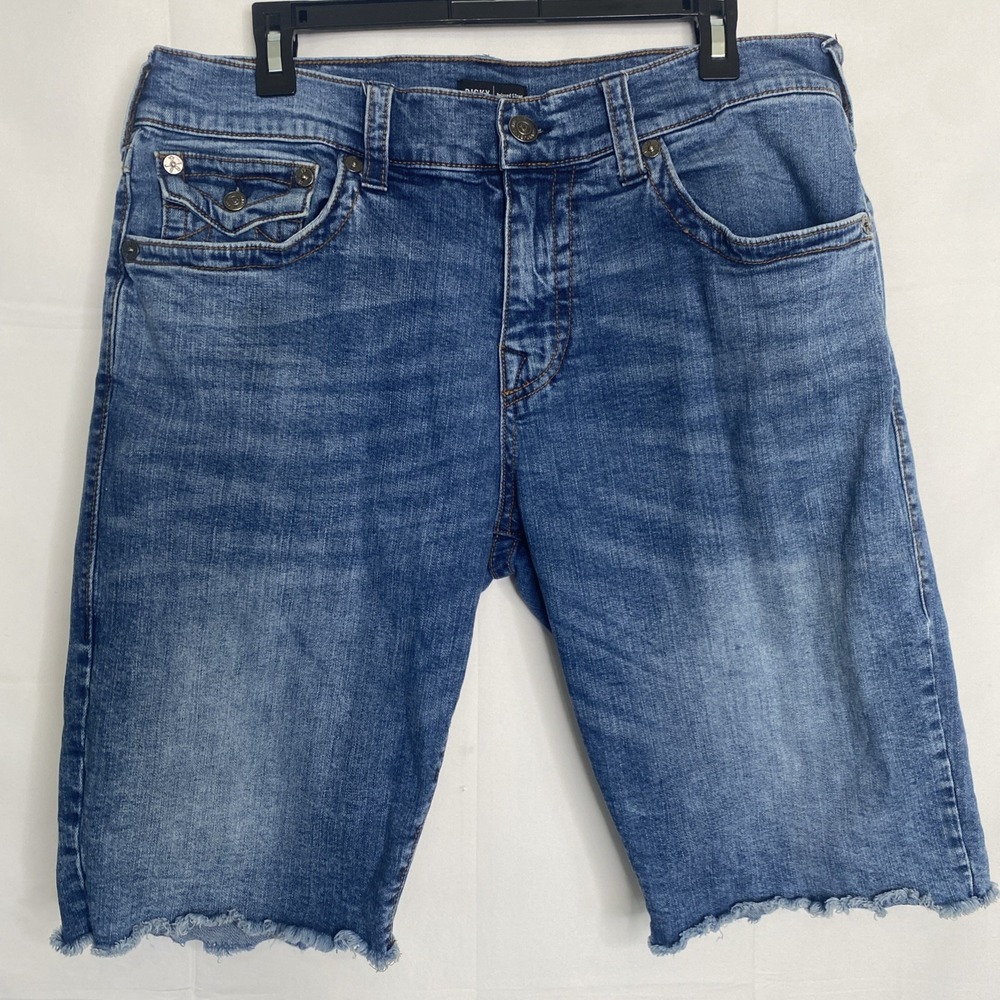 True Religion Ricky Relaxed Straight Denim Shorts Blue Wash Raw Hem Mens Size 34